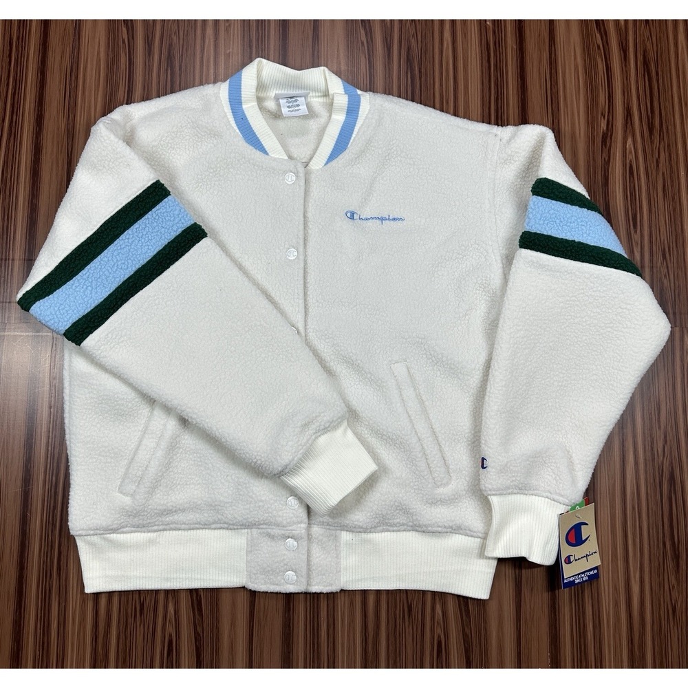Champion Teddy Fleece Bomber Jacket Womens Size L White Snap Emb Logo NEW